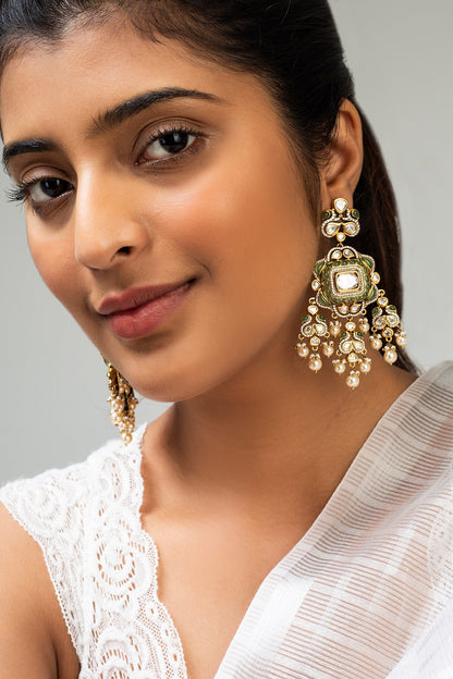 Geometric Pearl & Stone Dangler Earrings 