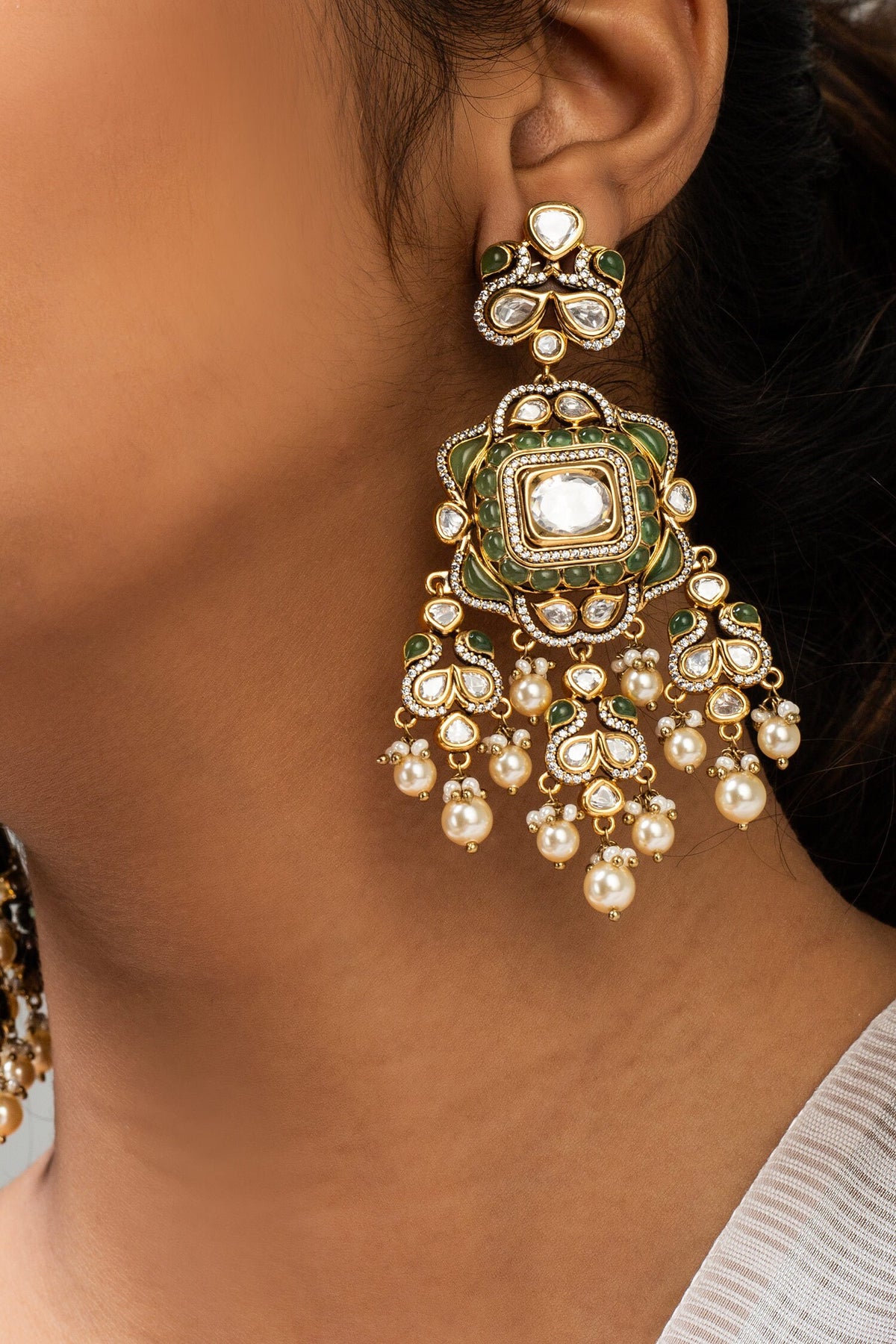 Geometric Pearl & Stone Dangler Earrings 