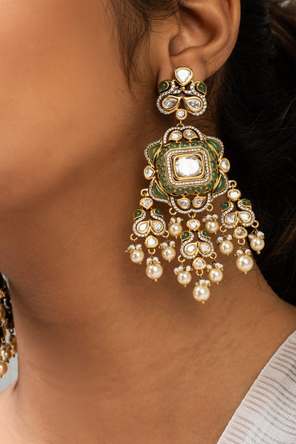 Geometric Pearl & Stone Dangler Earrings 