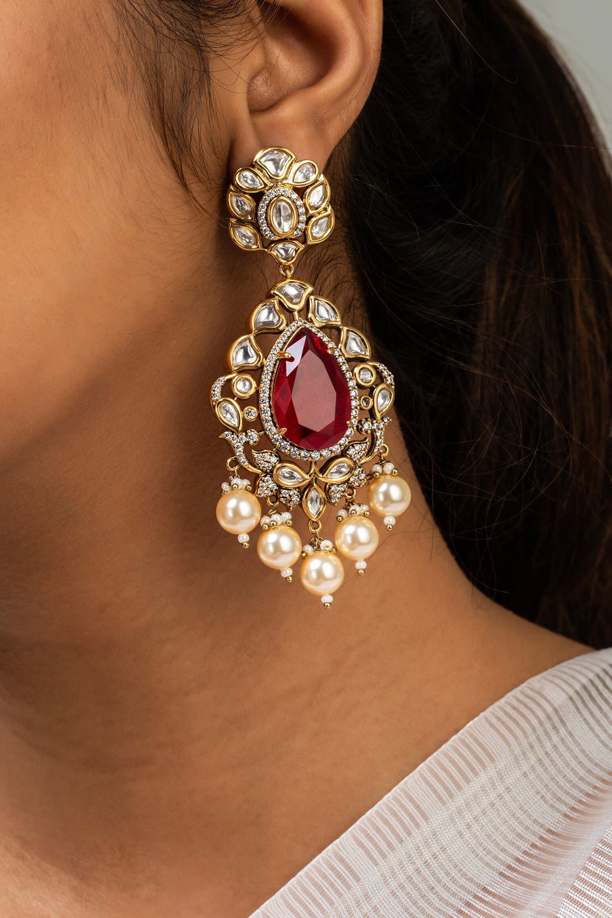 Floral Stone Studded Dangler Earrings 