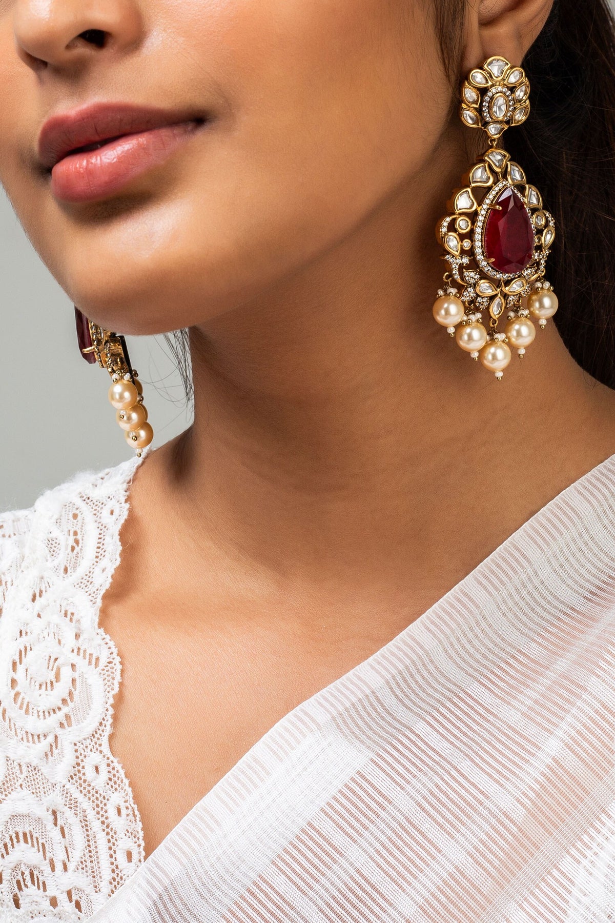 Floral Stone Studded Dangler Earrings 