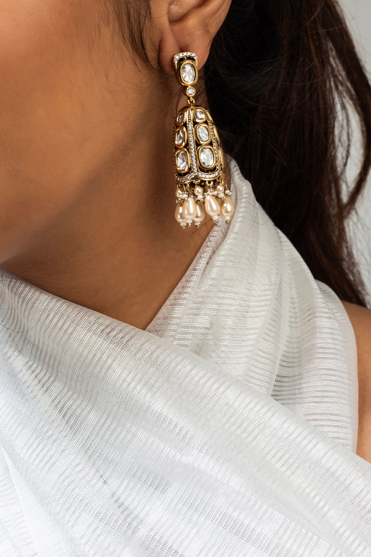 Pearl Stone Studded Scallop Jhumkas 