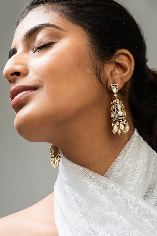 Pearl Stone Studded Scallop Jhumkas 