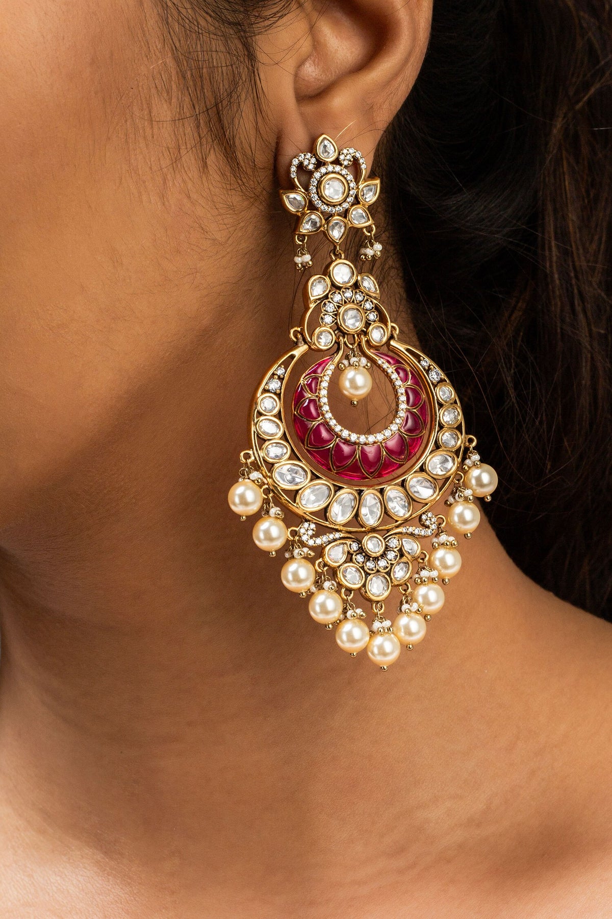 Stone Studded Floral Chandbali Earrings 