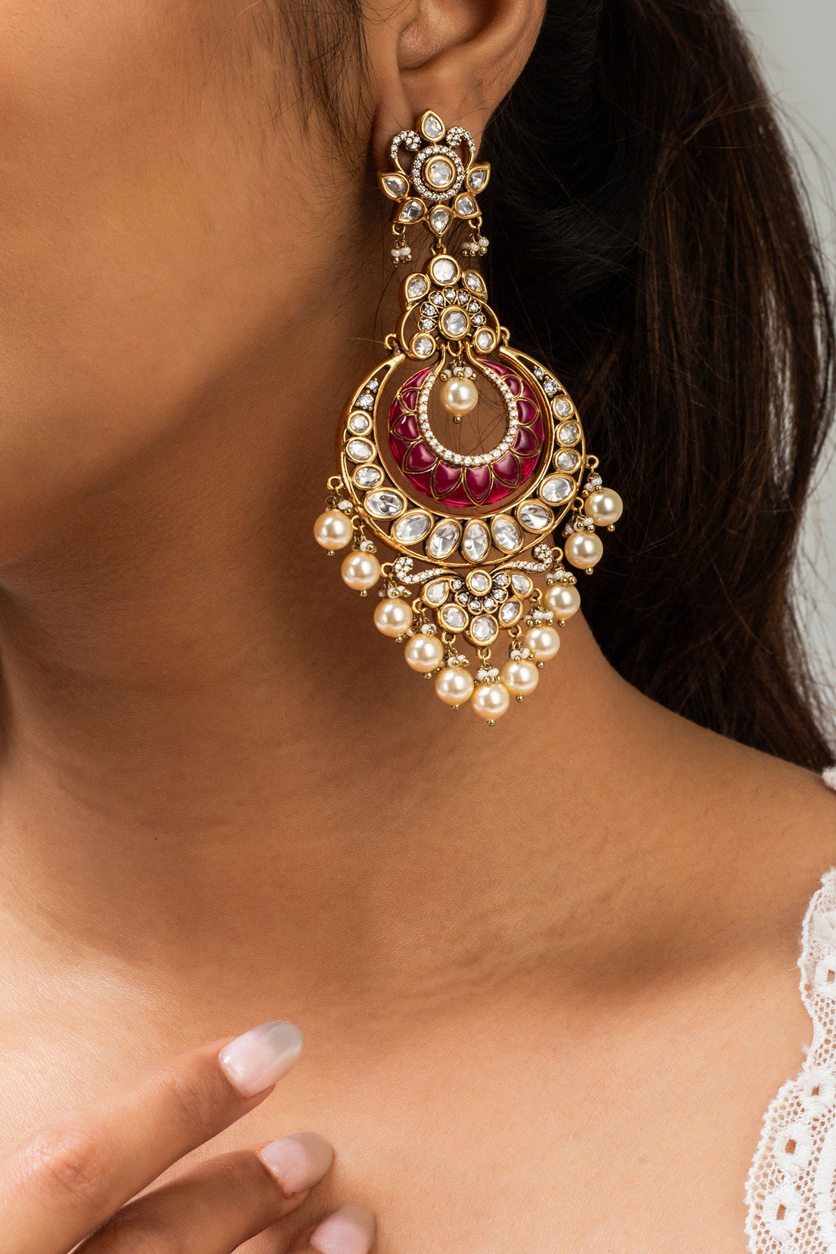 Stone Studded Floral Chandbali Earrings 