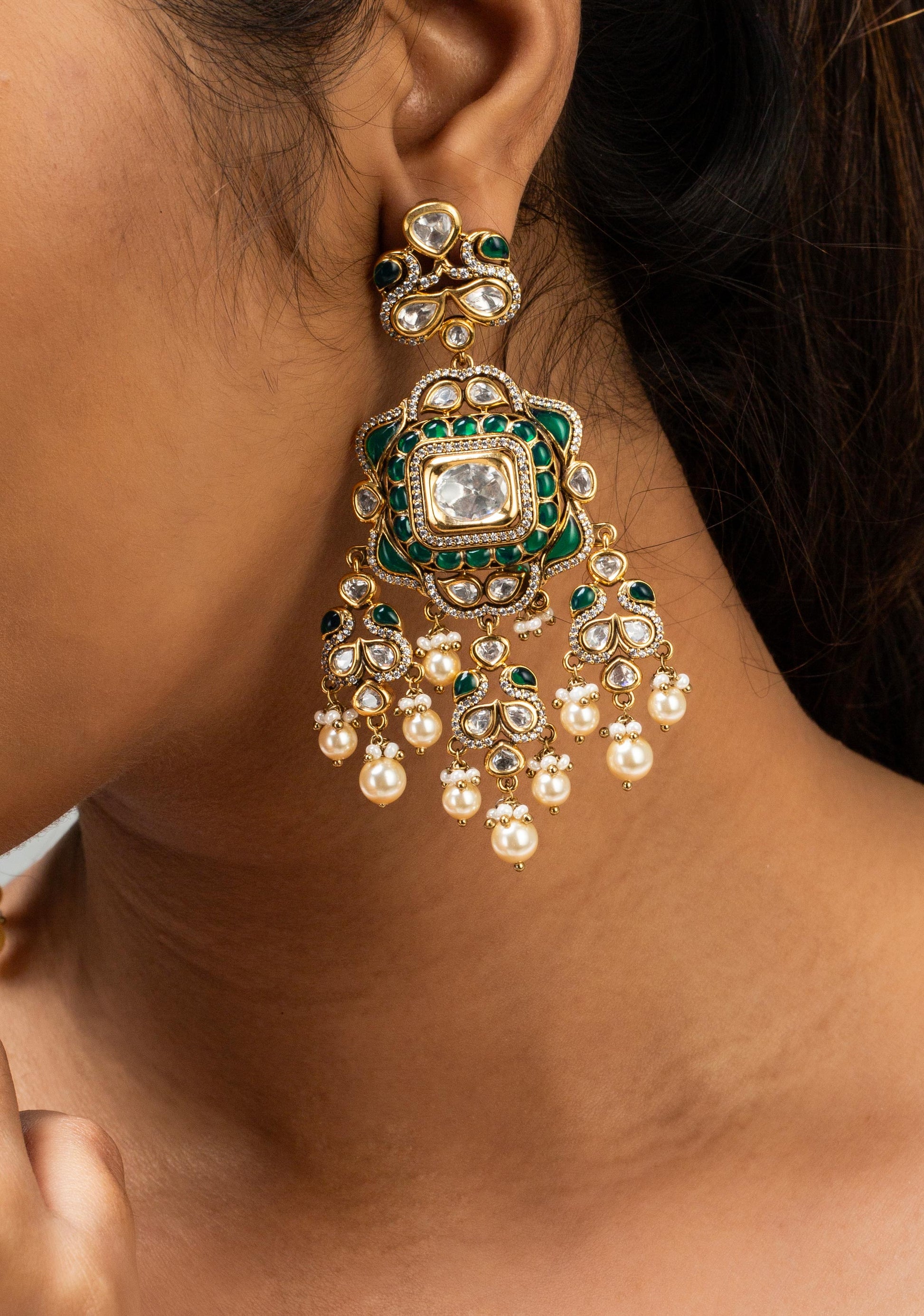 Geometric Pearl Stone Studded Earrings 