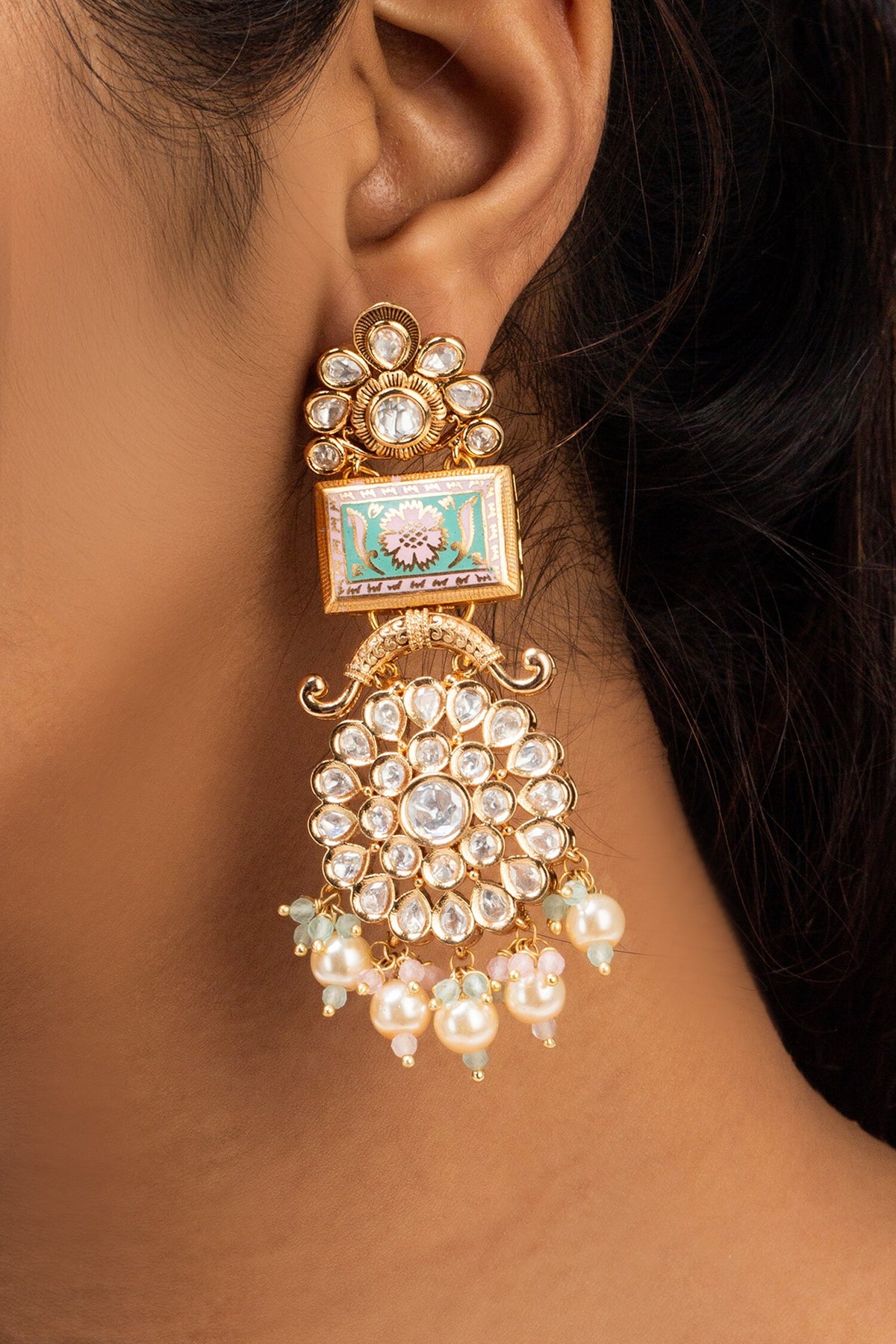 Multi Color Floral Stone Studded Earrings 