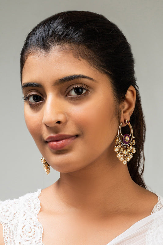 Floral Crescent Chandbalis with Pearl Tassels 