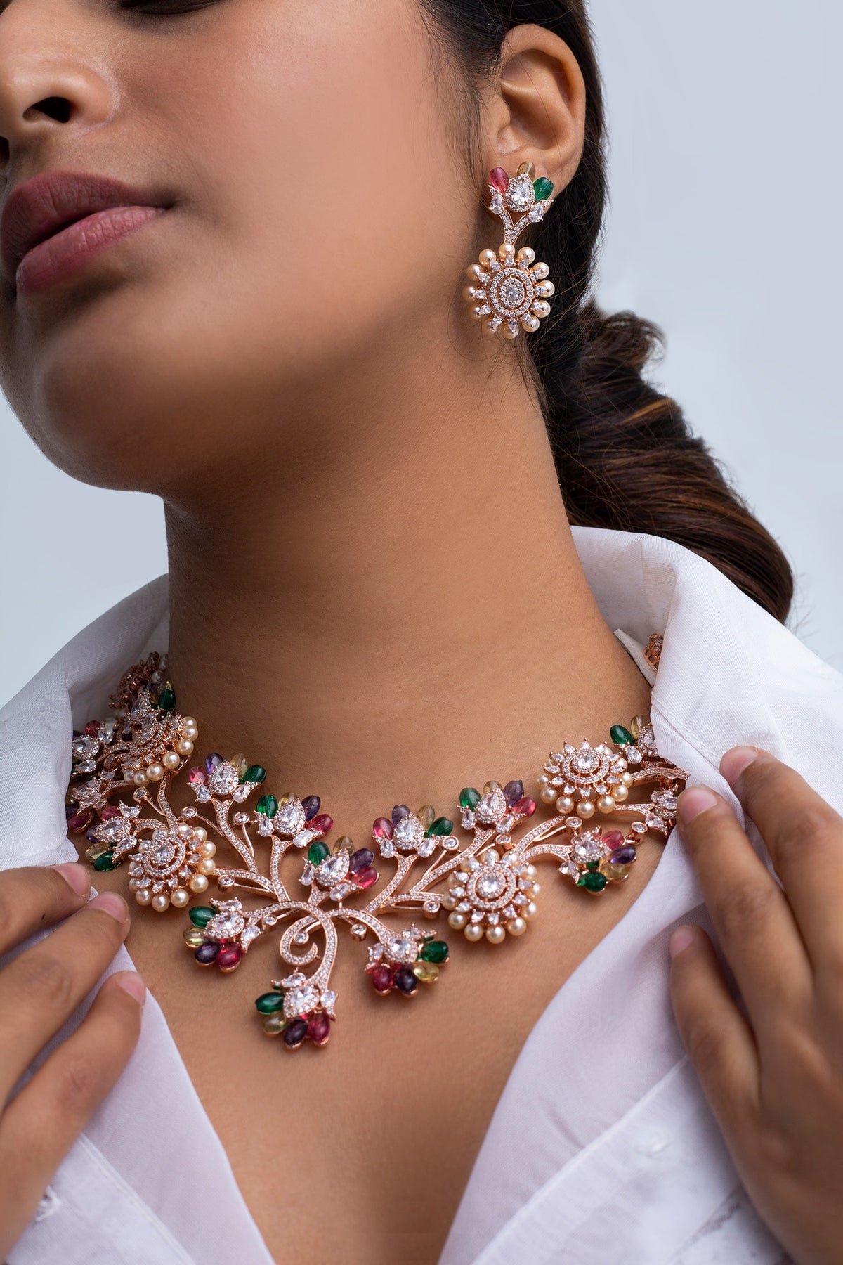 Floral Stone & Pearl Necklace Set 