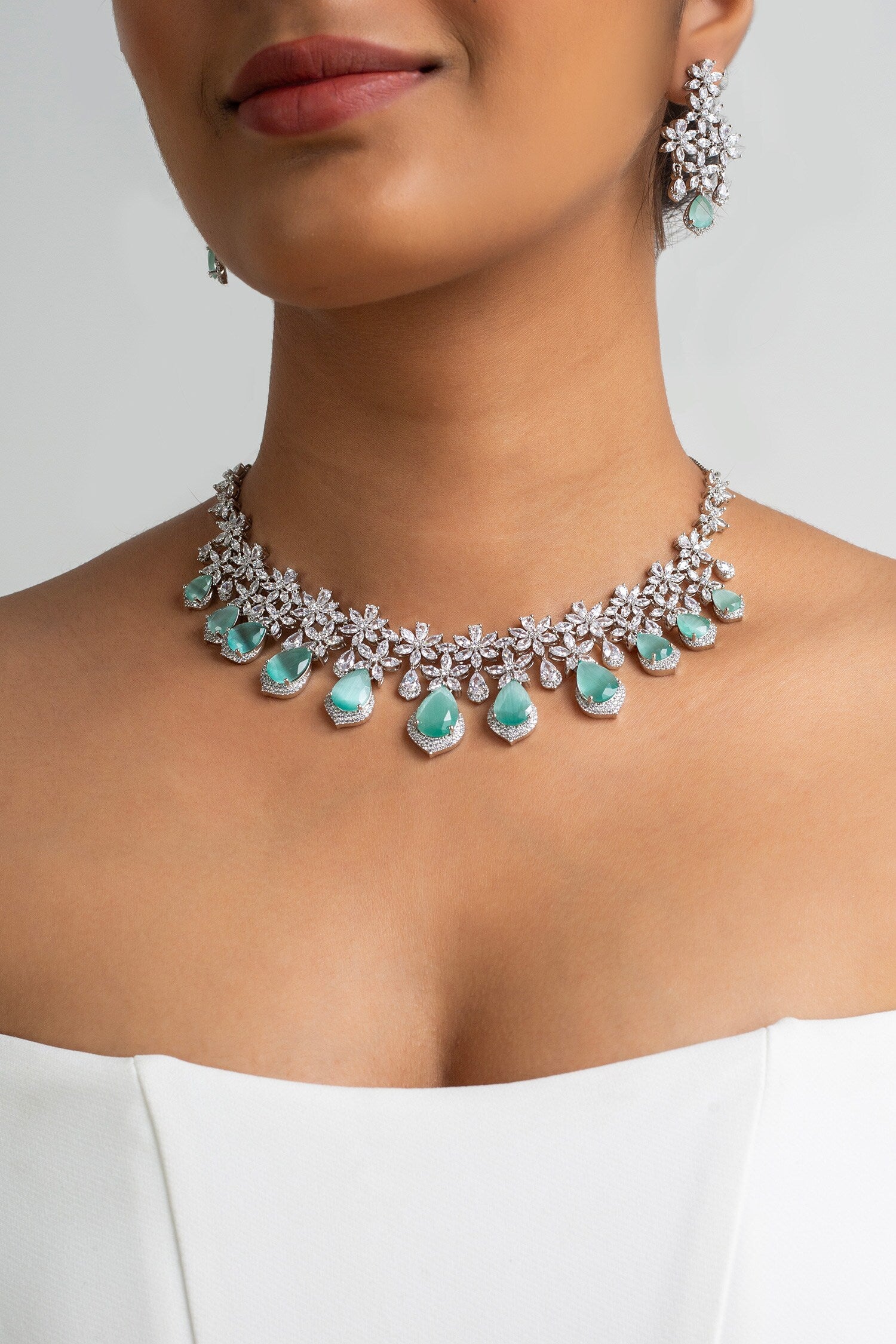 Mint Green Stone Embellished Necklace Set 