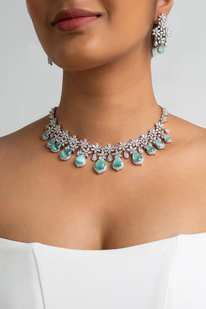 Mint Green Stone Embellished Necklace Set 