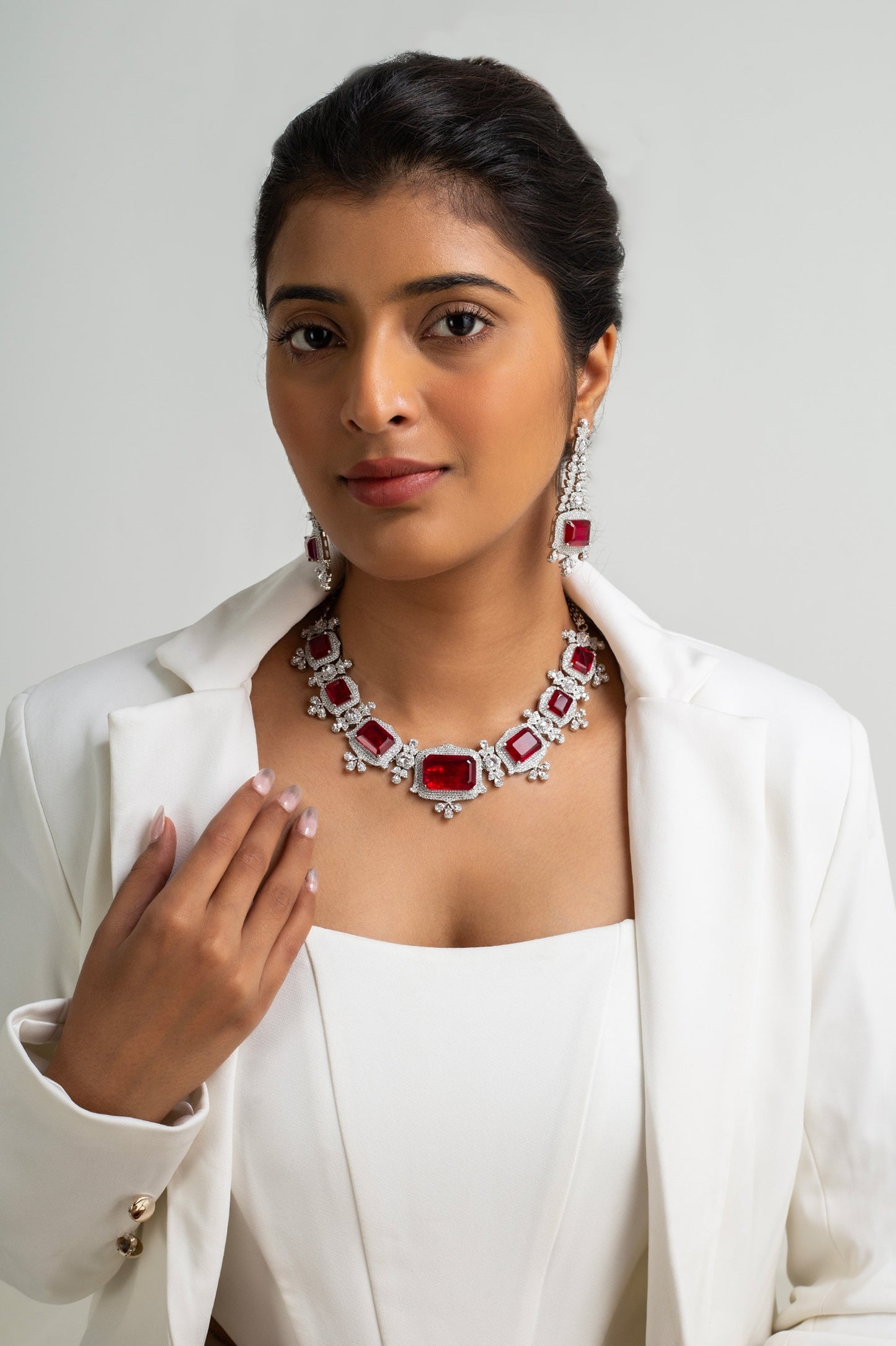 Red Stone Embellished Necklace Set 