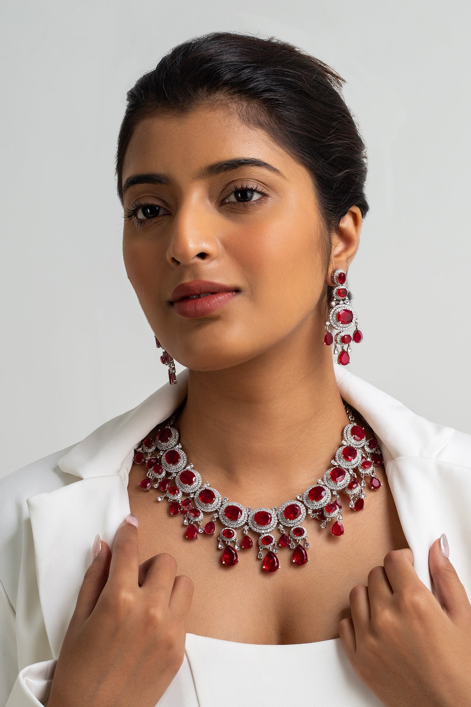 Red Stone Drop Necklace & Earring Set 