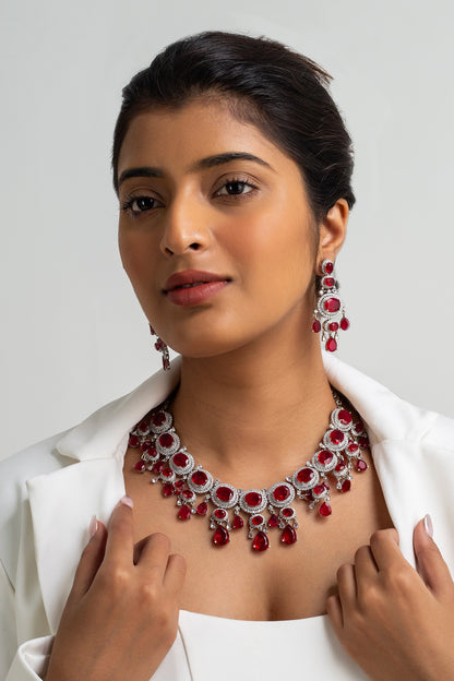 Red Stone Drop Necklace & Earring Set 