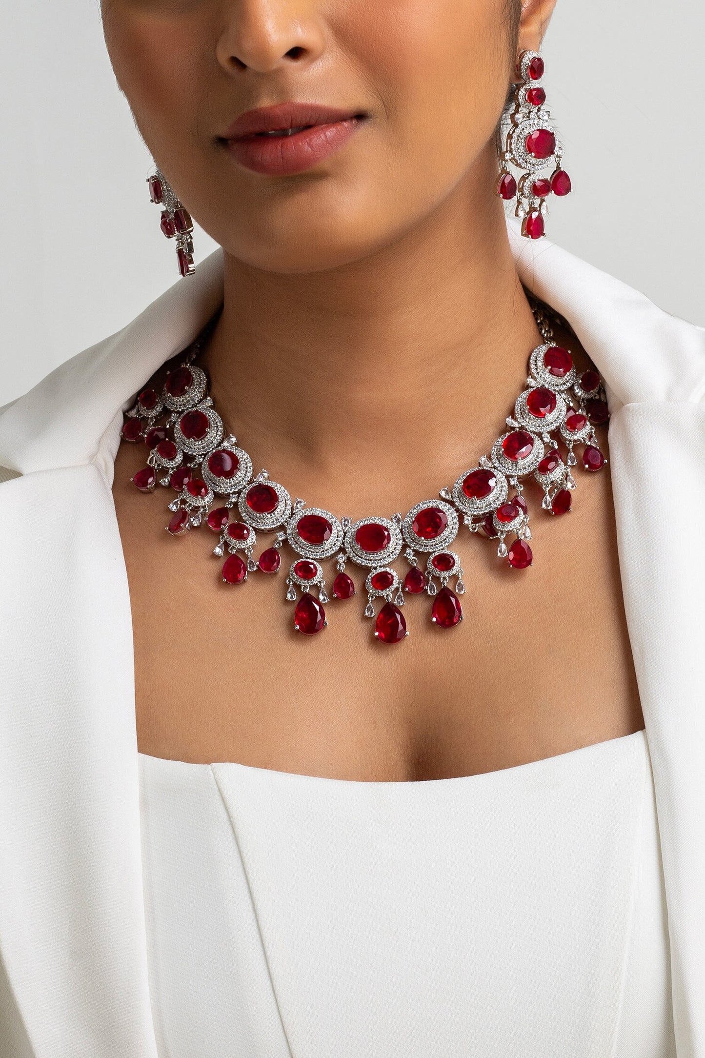 Red Stone Drop Necklace & Earring Set 