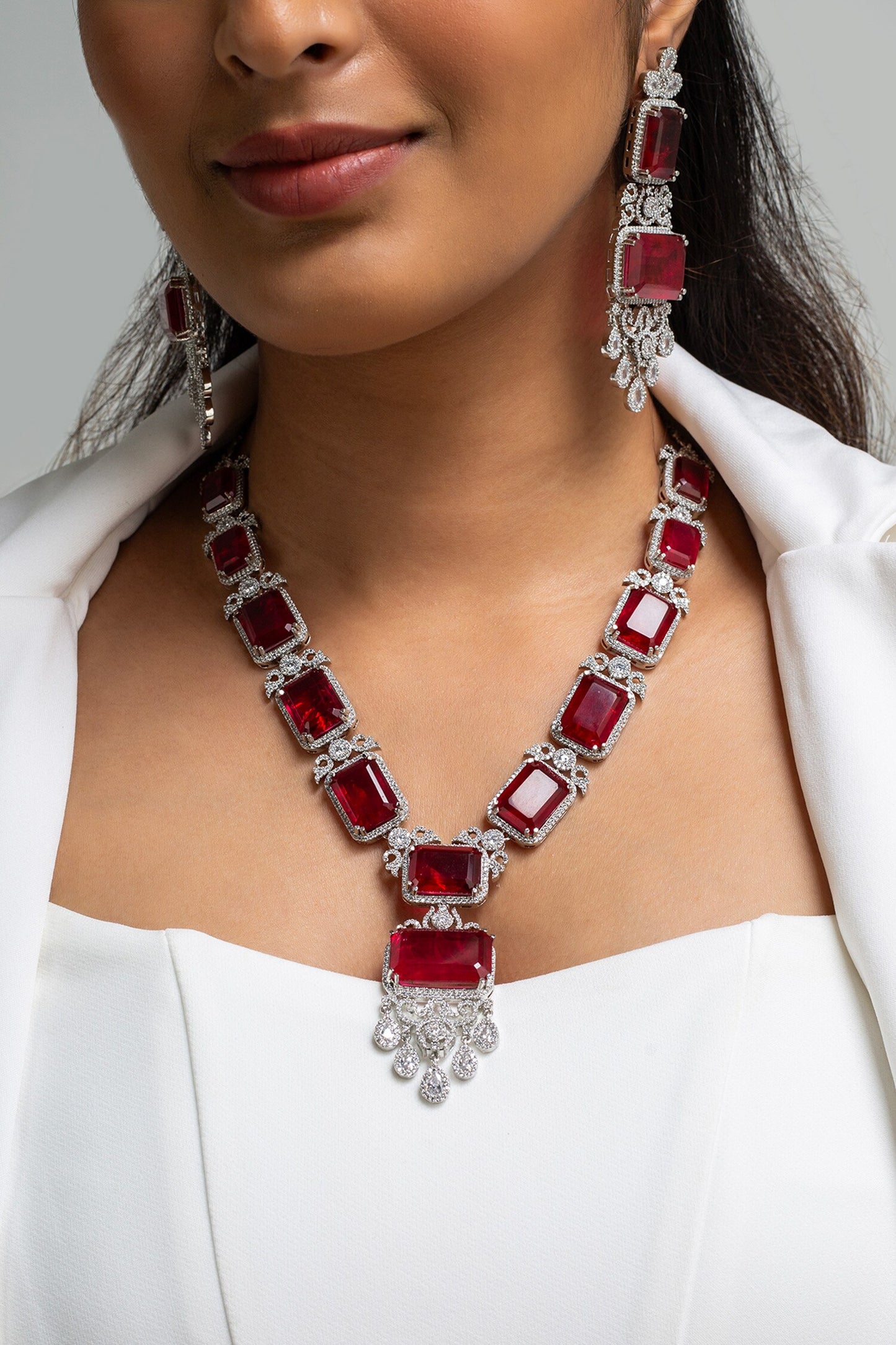 Red Stone Embellished Necklace Set 