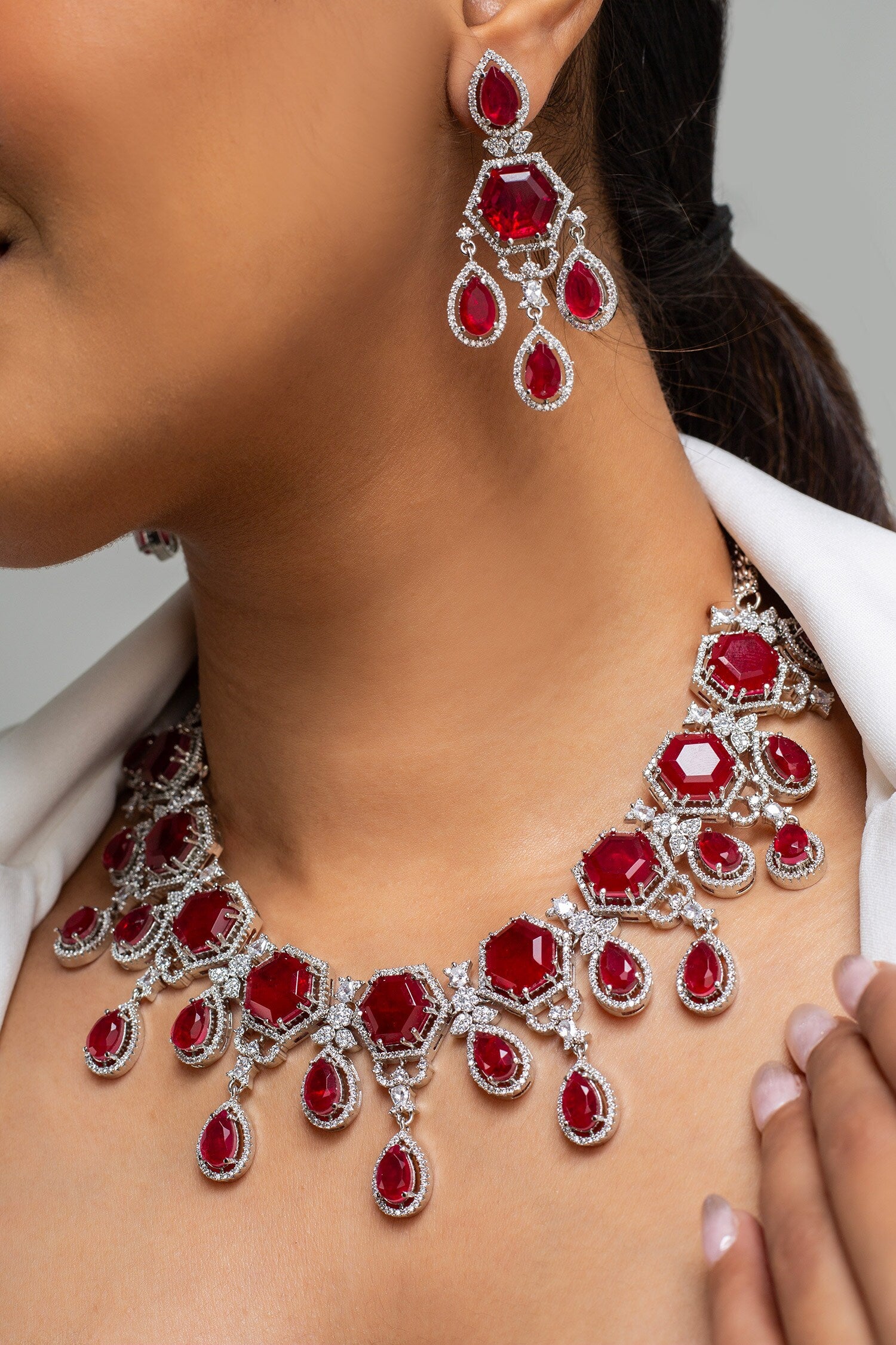 Red Stone Embellished Necklace Set 