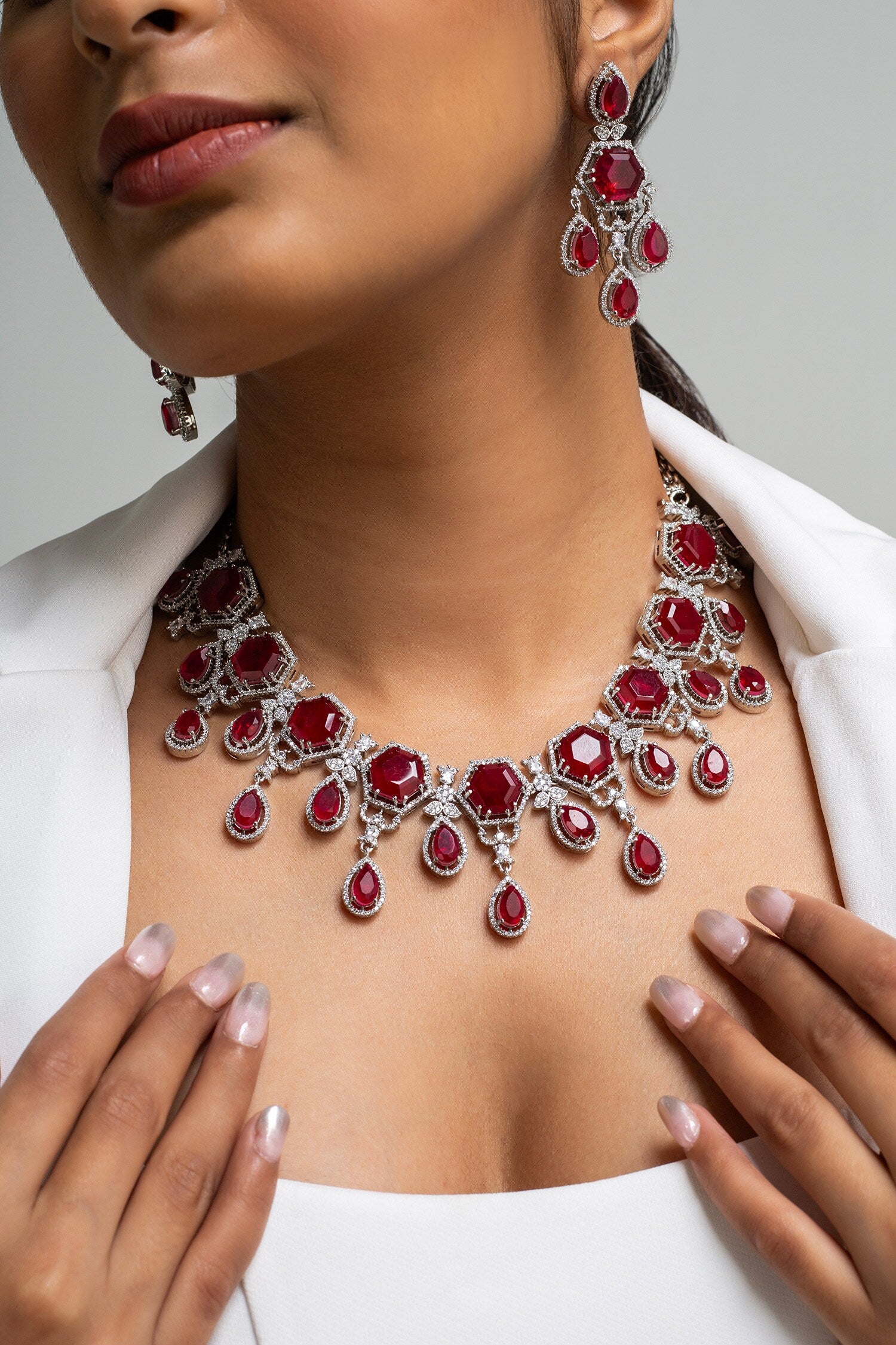 Red Stone Embellished Necklace Set 