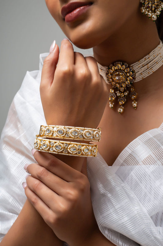 Gold Pearl Stone Embellished Bangle 