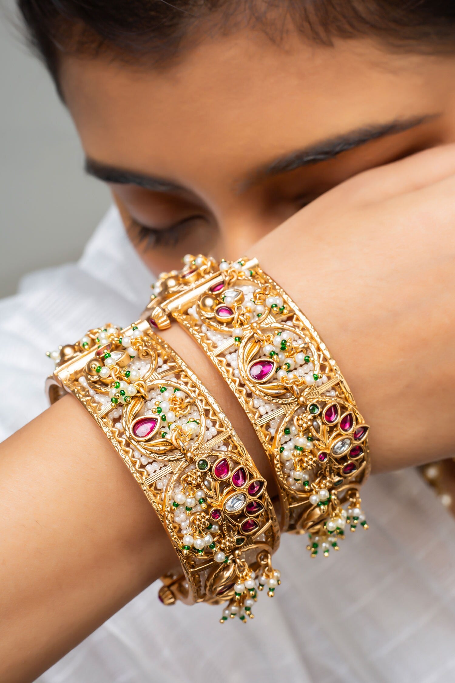 Gold Stone & Pearl Embellished Bangle 