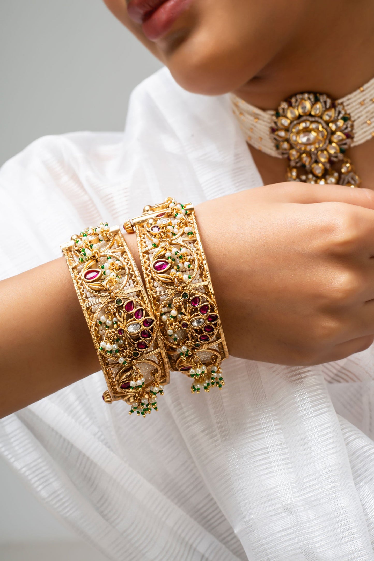 Gold Stone & Pearl Embellished Bangle 