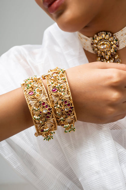 Gold Stone & Pearl Embellished Bangle 