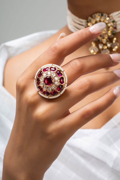 Gold Plated Round Ring with Red Stones 