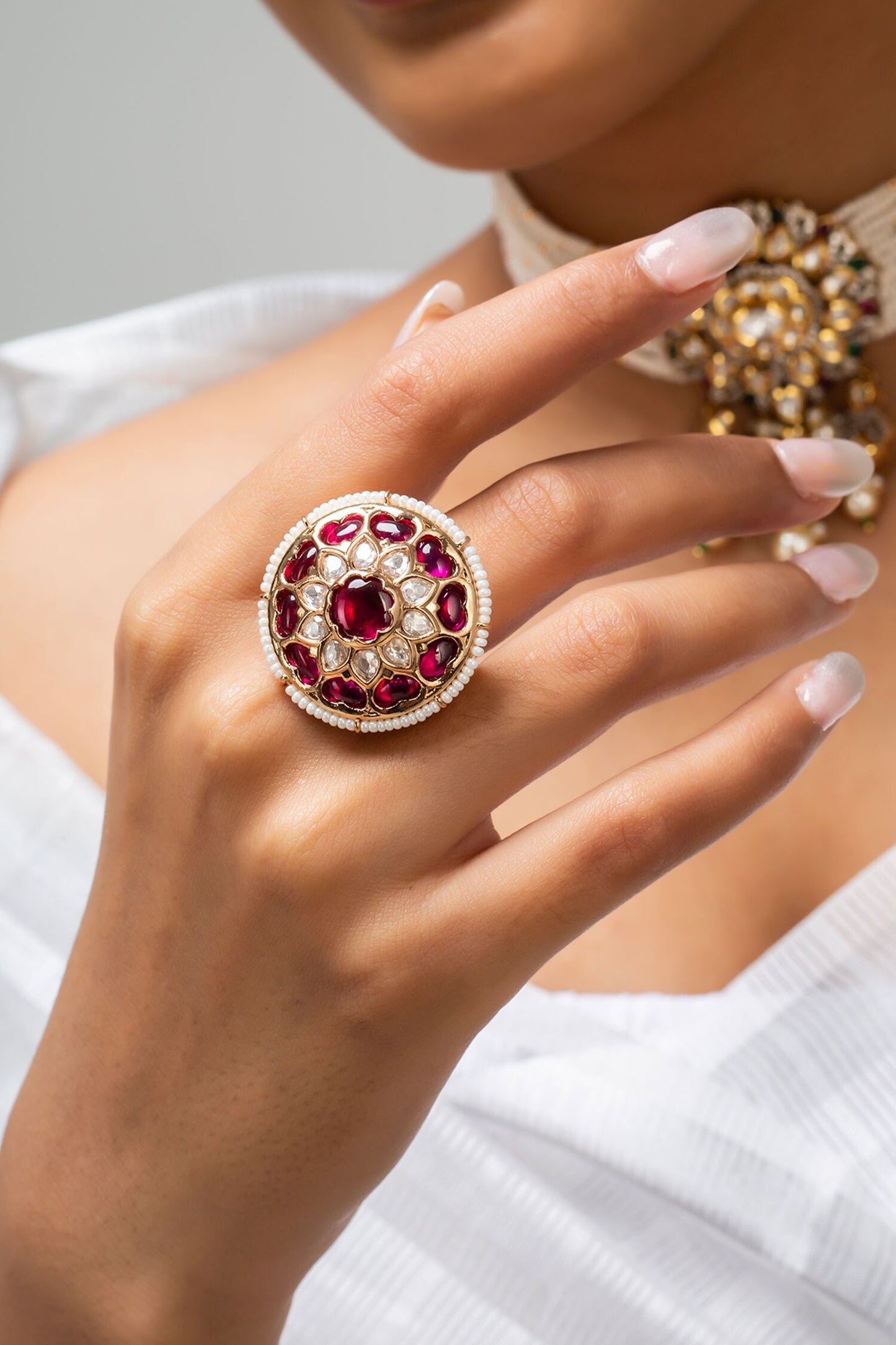 Gold Plated Round Ring with Red Stones 