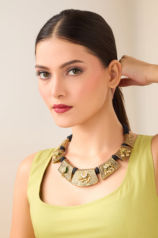 Carved Multi Color Stone & Pearl Choker 