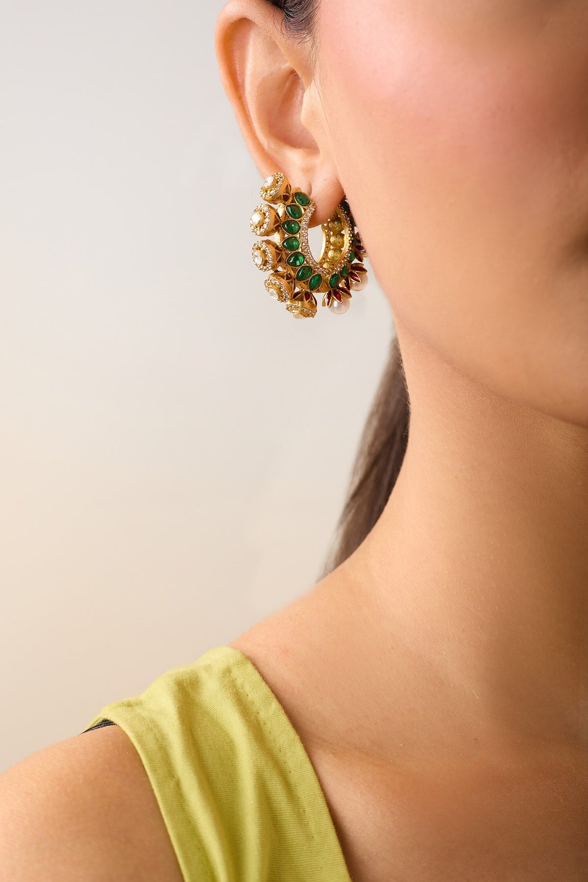 Gold Pearl & Green Stone Hoops 
