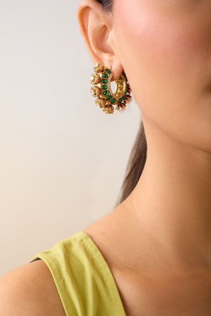 Gold Pearl & Green Stone Hoops 