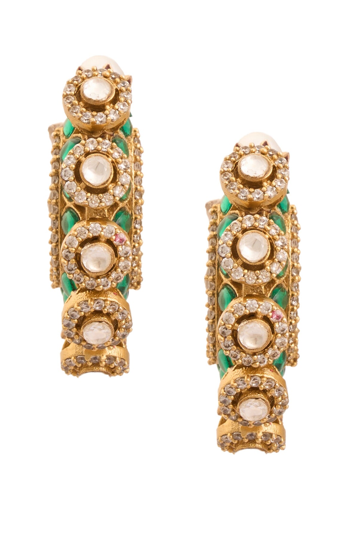 Gold Pearl & Green Stone Hoops 