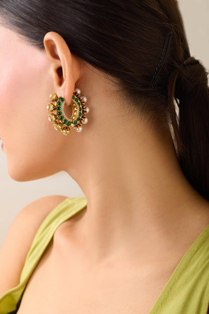 Gold Pearl & Green Stone Hoops 