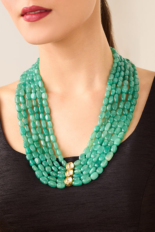 Gold & Green Natural Stone Long Necklace 