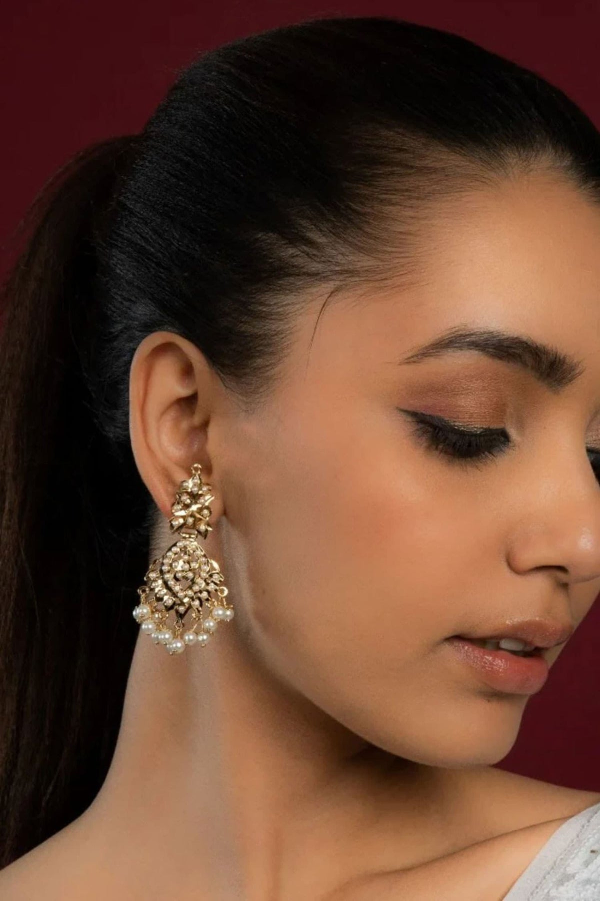 Gold Toned Pearl Embellished Earrings 
