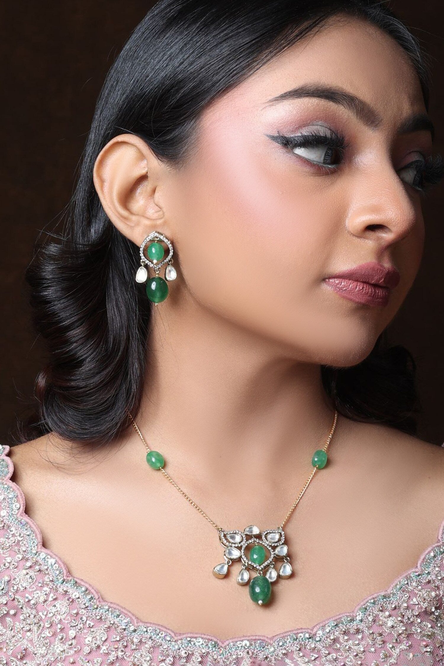 Green Bead & Stone Pendant Necklace Set 