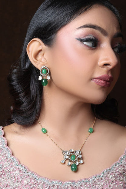Green Bead & Stone Pendant Necklace Set 