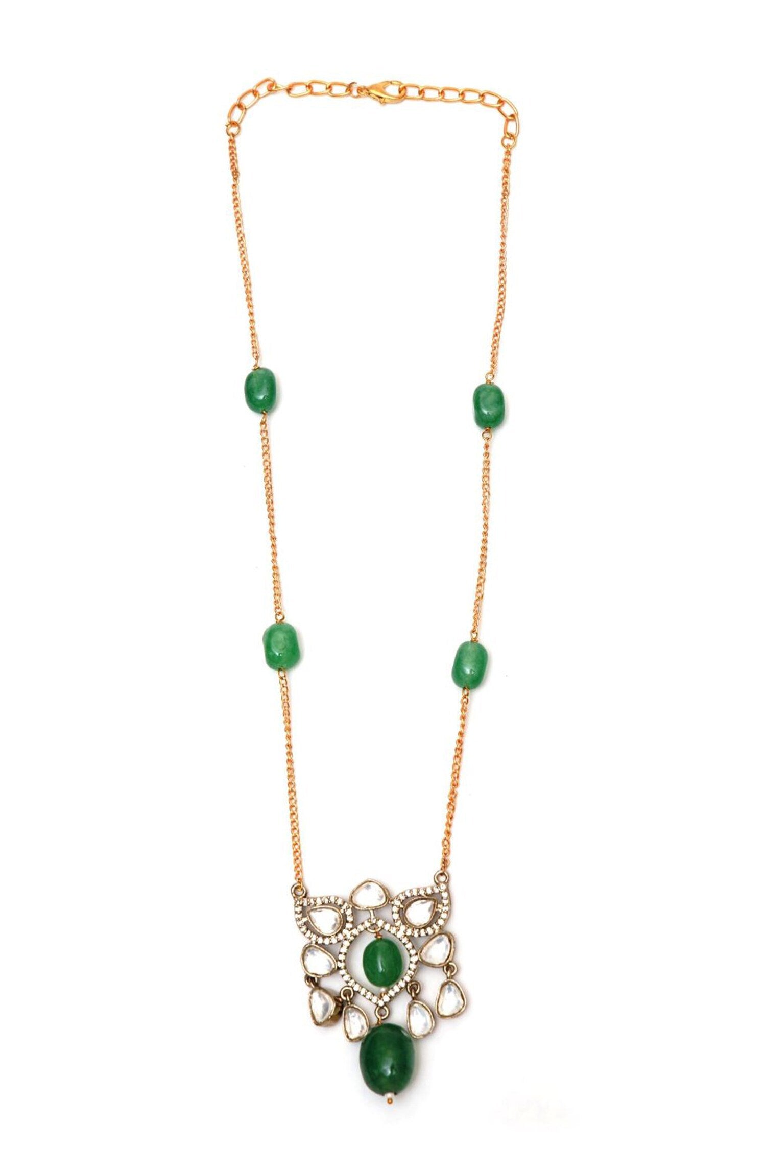 Green Bead & Stone Pendant Necklace Set 