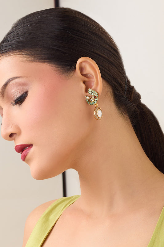 Gold Bird Motif Natural Stone Earrings 