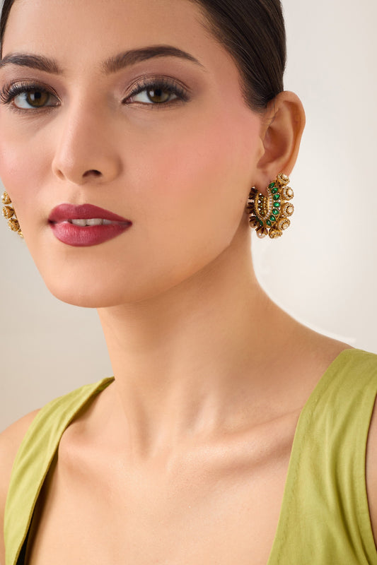 Gold Pearl & Green Stone Hoops 