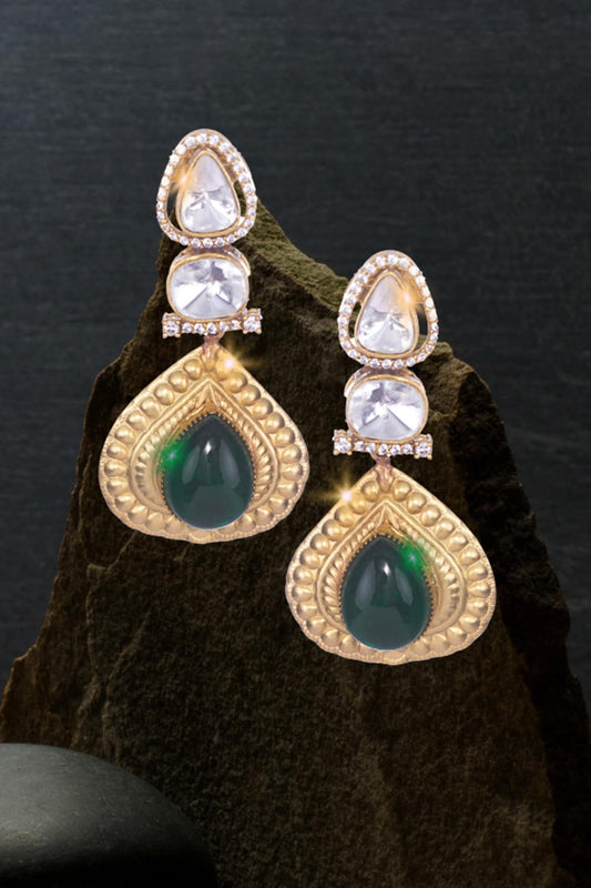 Gold Polki Emerald Drop Earrings 