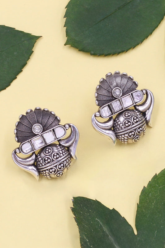 Floral Stone Embellished Silver Earrings 