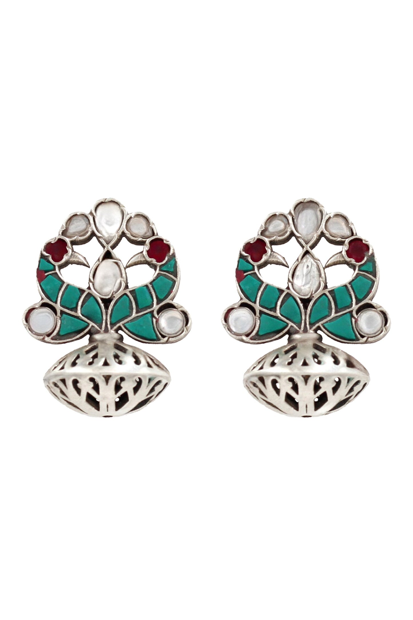 Green Stone & Pearl Drop Earrings 