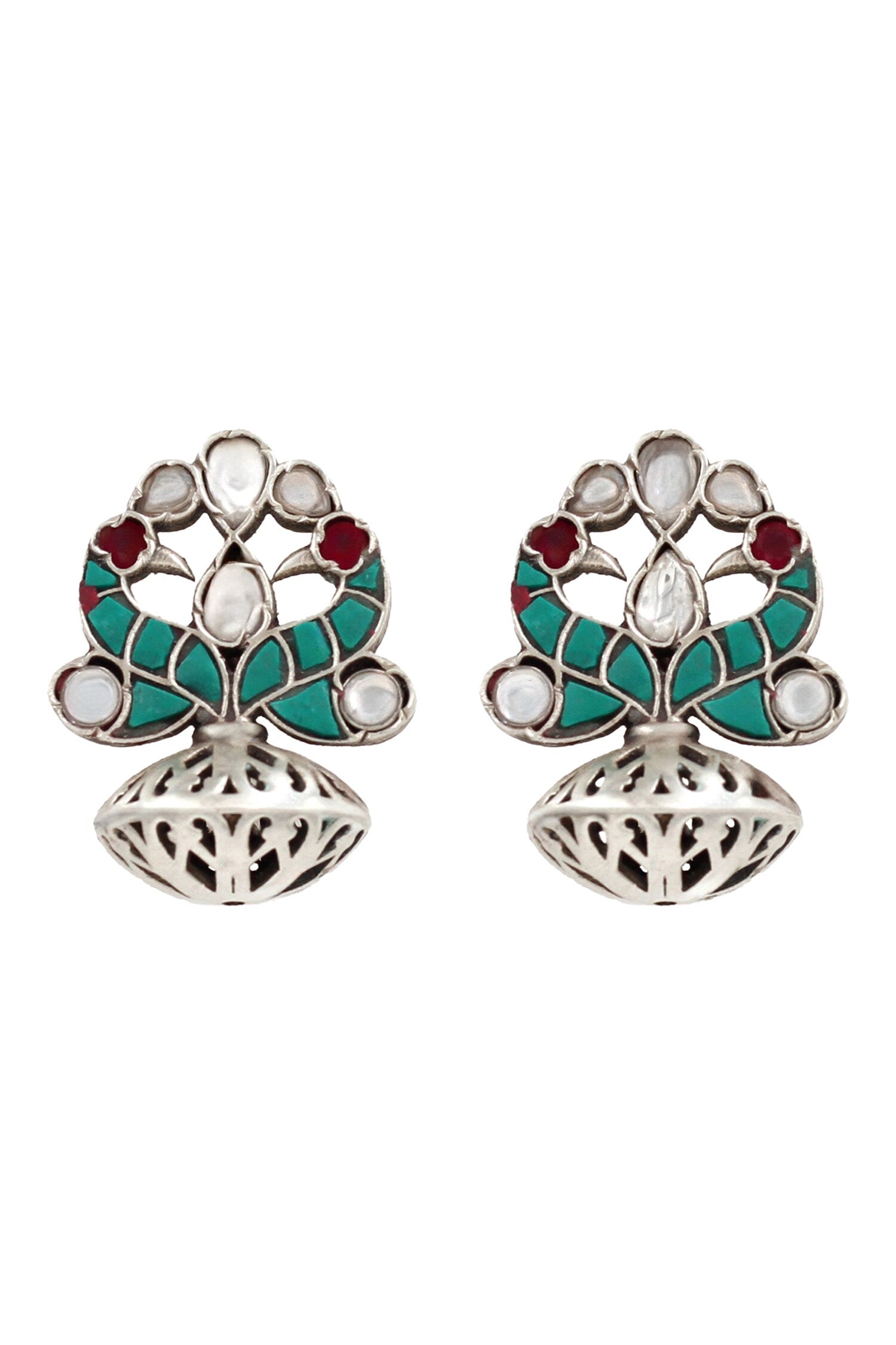Green Stone & Pearl Drop Earrings 