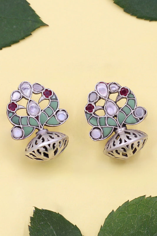 Green Stone Kundan Pearl Drop Earrings 