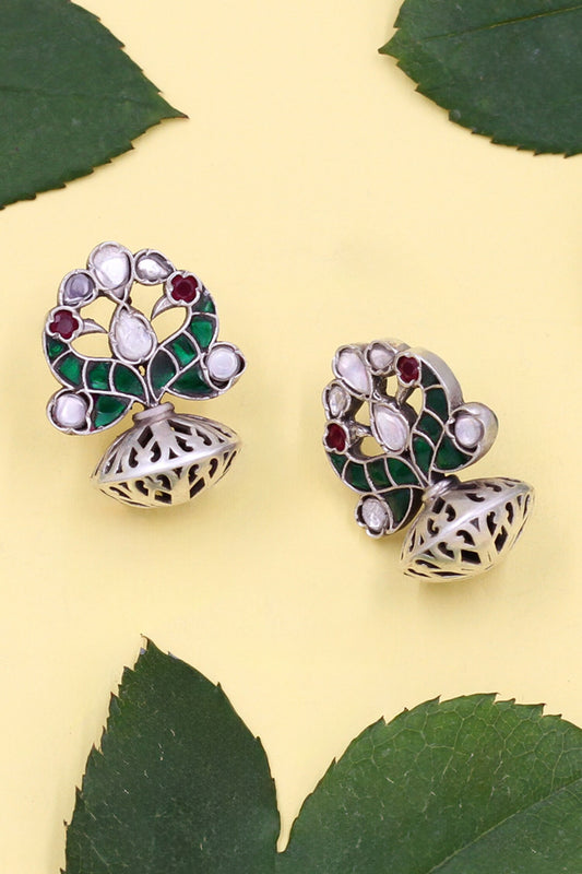 Green Stone Kundan Pearl Drop Earrings 