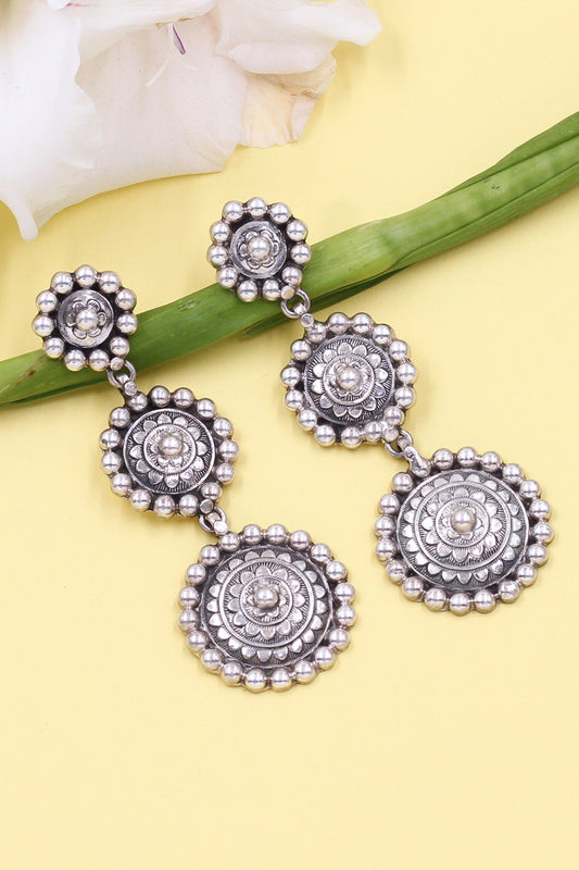 Geometric Carved Silver Earrings 