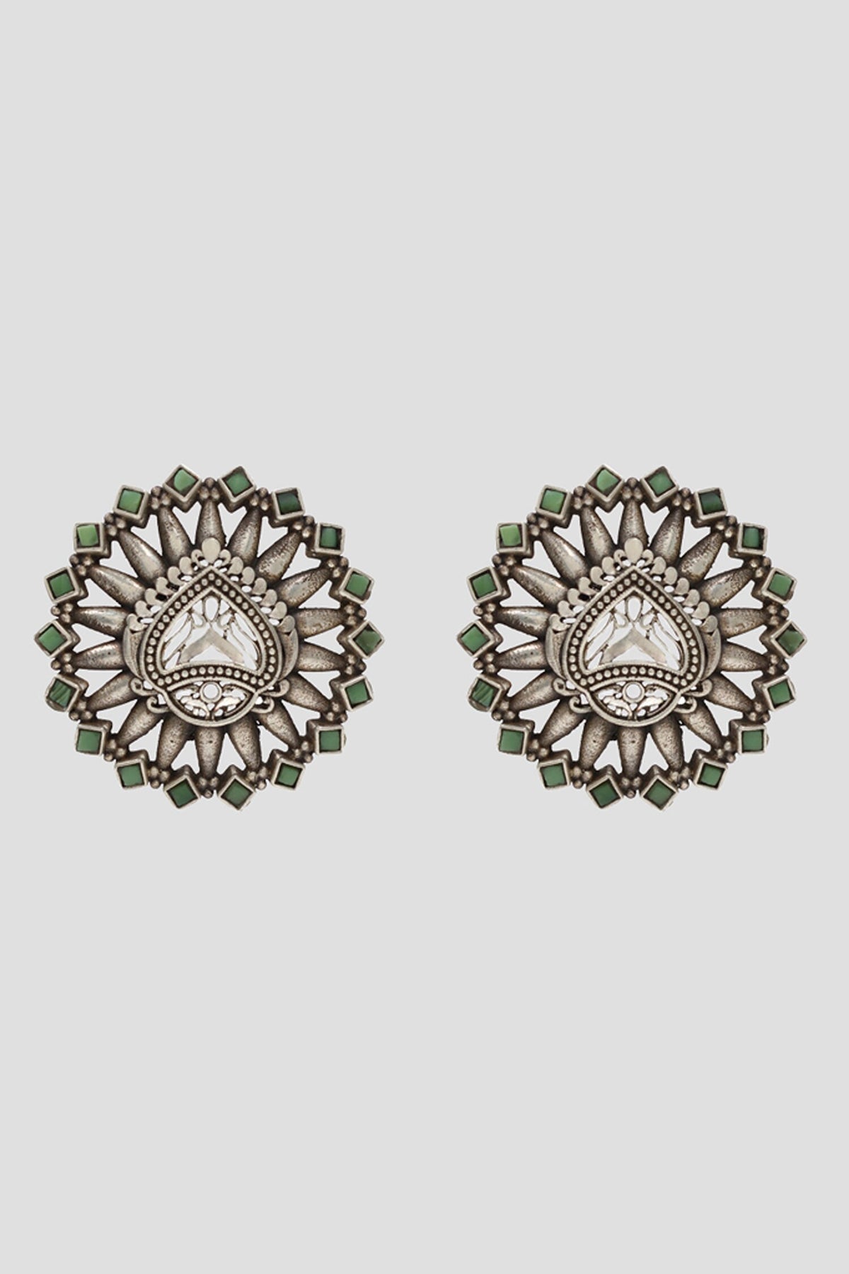 Geometric Carved Silver Stud Earrings 