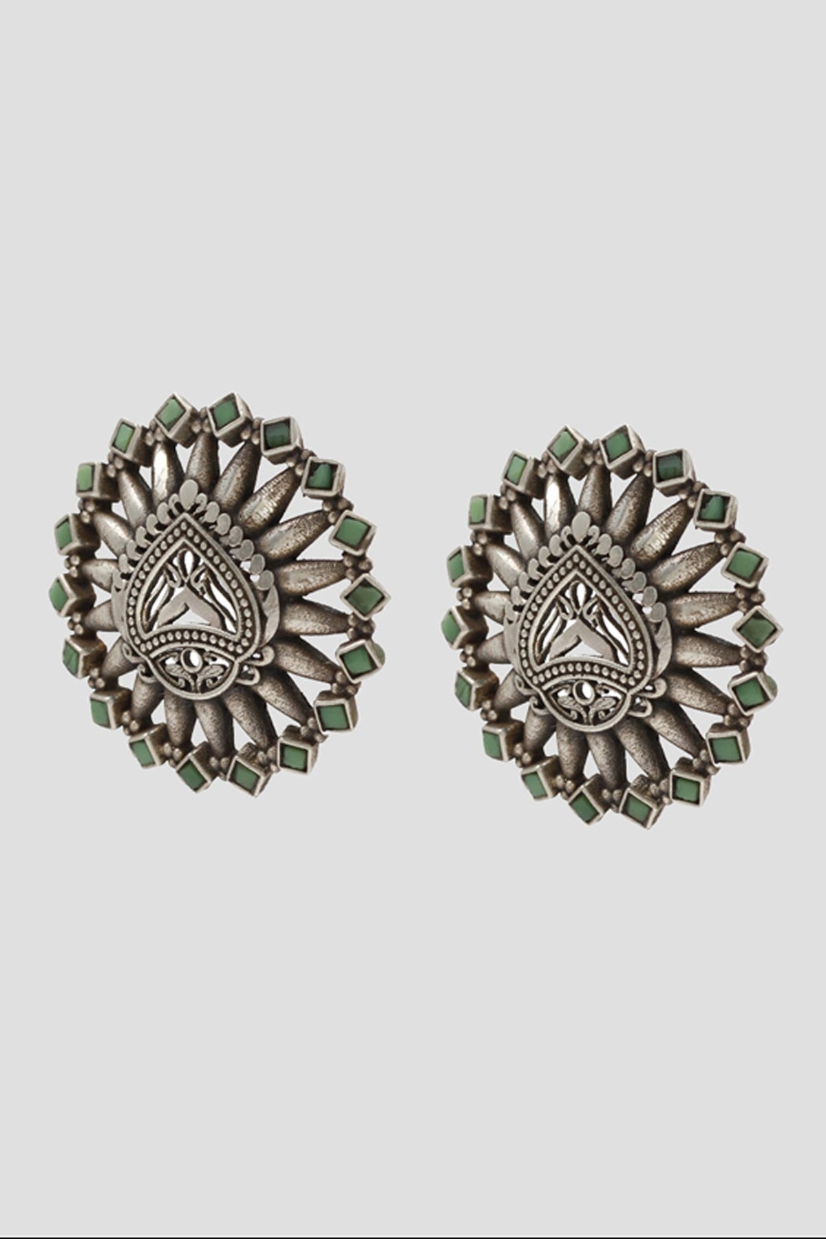Geometric Carved Silver Stud Earrings 