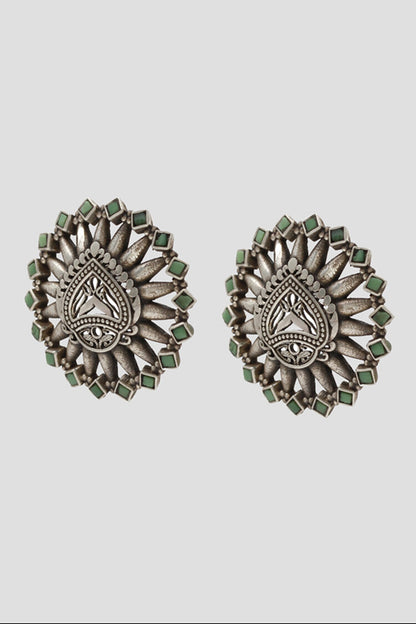 Geometric Carved Silver Stud Earrings 